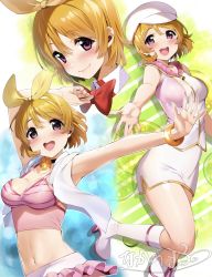 Rule 34 | :d, absurdres, boots, bow, bowtie, breasts, brown hair, cleavage, closed mouth, hairband, hat, highres, koizumi hanayo, leotard, looking at viewer, love live!, love live! school idol project, medium breasts, midriff, multiple views, nakano maru, navel, open mouth, outstretched arm, playboy bunny, purple eyes, red bow, red bowtie, short hair, skirt, smile, standing, standing on one leg, teeth, thighs, upper teeth only, white footwear, white headwear, white skirt, yellow hairband