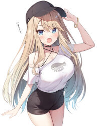 Rule 34 | 1girl, arm up, bangle, bare shoulders, baseball cap, black choker, black hat, black shorts, blonde hair, blue eyes, bra strap, bracelet, breasts, choker, collarbone, cowboy shot, criss-cross halter, fang, gradient hair, halterneck, hand up, hat, high-waist shorts, highres, jewelry, large breasts, leaning forward, long hair, looking at viewer, multicolored hair, off shoulder, open mouth, original, oryo (oryo04), shirt, shirt tucked in, short shorts, short sleeves, shorts, simple background, smile, solo, spaghetti strap, standing, thighs, very long hair, white background, white shirt