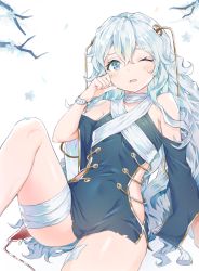 Rule 34 | 1girl, ass, bandaged leg, bandaged neck, bandages, bare legs, bare shoulders, blood, blood bag, blue dress, blue eyes, blue hair, blush, branch, breasts, clothing cutout, commentary request, covered navel, cpqm, dress, girls&#039; frontline, hair between eyes, hand up, highres, intravenous drip, knee up, long hair, long sleeves, looking at viewer, off shoulder, one eye closed, parted lips, ribeyrolles (girls&#039; frontline), short dress, side cutout, simple background, small breasts, solo, tassel, thighs, torn clothes, torn dress, very long hair, white background, wristband