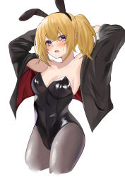 Rule 34 | 1girl, :o, alternate costume, animal ears, armpits, arms up, black jacket, black leotard, blonde hair, blush, chloe (princess connect!), commentary request, cropped legs, elf, fake animal ears, grey pantyhose, hako reeema, highres, jacket, leotard, long hair, long sleeves, looking at viewer, open clothes, open jacket, open mouth, pantyhose, playboy bunny, pointy ears, princess connect!, rabbit ears, sidelocks, solo, strapless, strapless leotard, sweat, twintails