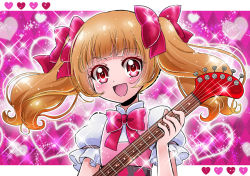 Rule 34 | 10s, 1girl, :d, aisaki emiru, blunt bangs, blush, bow, brown hair, cokata, dress, guitar, hair bow, heart, heart background, heart pattern, hugtto! precure, instrument, long hair, open mouth, pink background, pink bow, precure, red eyes, short sleeves, smile, solo, sparkle, twintails, upper body