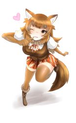 Rule 34 | 10s, 1girl, absurdres, animal ears, bad id, bad pixiv id, blush, boots, brown eyes, brown hair, dhole (kemono friends), dog ears, dog tail, full body, fur trim, gloves, heart, highres, kemono friends, long hair, miniskirt, one eye closed, open mouth, simple background, skirt, solo, tail, teeth, thighhighs, white background, yamaha tsui