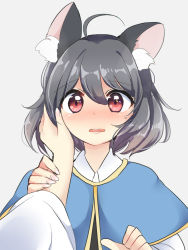 Rule 34 | 1girl, ahoge, animal ears, blue capelet, blush, capelet, eyebrows, facing viewer, fingernails, gradient background, grey hair, hair between eyes, hand on another&#039;s head, long fingernails, looking at viewer, mouse ears, nazrin, nose blush, open mouth, ougi hina, pov, red eyes, short hair, solo focus, touhou, upper body