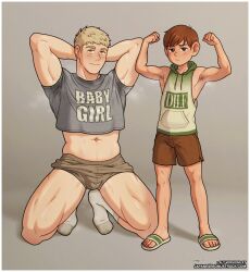 2boys arms_behind_head bara biceps blonde_hair blush border brown_hair brown_shorts chilchuck_tims clip_studio_paint_(medium) closed_mouth crop_top dad_shirt dungeon_meshi highres hood hood_down japanesebonustrack kneeling laios_touden looking_at_viewer male_focus multiple_boys muscular muscular_male navel paid_reward_available short_hair short_shorts shorts simple_background smile socks toenails toes variant_set white_border white_socks