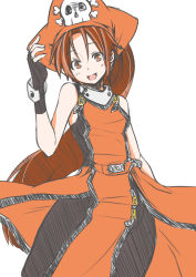 Rule 34 | 1girl, arc system works, black pantyhose, breasts, brown eyes, brown hair, female focus, fingerless gloves, gloves, guilty gear, hat, long hair, may (guilty gear), orange hat, orange shirt, pantyhose, pirate, pirate hat, ponytail, shirt, skirt, skull and crossbones, sleeveless, small breasts, smile, solo, very long hair, zanku