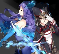 Rule 34 | 2girls, armor, backless dress, backless outfit, black hat, breasts, brighid (xenoblade), closed eyes, collarbone, dress, fire, gloves, glowing, hair between eyes, hat, holding, holding sword, holding weapon, long hair, medium breasts, military, military hat, military uniform, morag ladair (xenoblade), multiple girls, nintendo, pauldrons, purple hair, reverse trap, shoulder armor, simple background, smile, sword, uniform, very long hair, weapon, xenoblade chronicles (series), xenoblade chronicles 2
