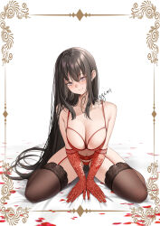 Rule 34 | 1girl, armpit crease, bare shoulders, black hair, black thighhighs, border, bra, breasts, cleavage, closed mouth, collarbone, commission, dot nose, elbow gloves, floral print, full body, garter belt, garter straps, gloves, hands on ground, highres, kneeling, lace, lace-trimmed thighhighs, lace bra, lace garter belt, lace gloves, lace panties, lace trim, large breasts, light blush, lingerie, long hair, long sidelocks, looking at viewer, navel, original, panties, petals, purple eyes, raised eyebrows, red bra, red garter belt, red garter straps, red gloves, red panties, red theme, rose petals, shizuko hideyoshi, skindentation, smile, solo, thick eyelashes, thick thighs, thighhighs, thighs, underwear, very long hair, white background, wide hips