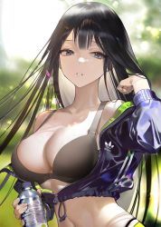 Rule 34 | 1girl, adidas, black bra, black hair, black jacket, blurry, blurry background, bottle, bra, breasts, cleavage, commentary, cropped jacket, hair between eyes, hand in own hair, highres, holding, holding bottle, jacket, large breasts, long hair, long sleeves, mole, mole on breast, multicolored hair, off shoulder, open clothes, open jacket, original, parted lips, plastic bottle, purple eyes, shycocoa, solo, symbol-only commentary, underwear, upper body, very long hair, water bottle, white hair, zipper, zipper pull tab