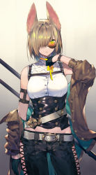 1girl animal_ears arm_belt bad_id bad_pixiv_id bare_shoulders belt black_gloves black_pants breasts brown_jacket buttons commentary_request cowboy_shot crop_top double-breasted gloves gradient_background green_eyes grey_background groin hair_over_one_eye hand_up jacket large_breasts long_sleeves looking_at_viewer midriff navel neck_ribbon noy off_shoulder open_clothes open_jacket orange-tinted_eyewear orange-tinted_glasses original pants parted_lips ribbon round_eyewear shirt short_hair silver_hair sleeveless sleeveless_turtleneck solo standing sunglasses tinted_eyewear turtleneck underbust white_background white_shirt yellow_ribbon