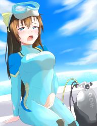 Rule 34 | 1girl, aqua eyes, artist name, artist request, blue eyes, blue sky, blush, bodysuit, bow, breasts, brown hair, clothes writing, cloud, day, female focus, goggles, goggles on head, hair between eyes, hair bow, half-closed eyes, highres, long hair, looking at viewer, love live!, love live! nijigasaki high school idol club, medium breasts, ocean, osaka shizuku, outdoors, parted lips, sitting, sky, smile, solo, swimsuit, wet, wet hair, worried, yellow bow