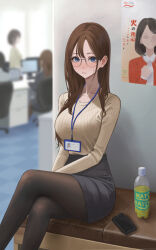 Rule 34 | 1girl, akiyama akane, black pantyhose, black skirt, blue eyes, blurry, blurry background, bottle, breasts, brown eyes, brown hair, brown shirt, cellphone, closed mouth, commentary, crossed legs, expressionless, feet out of frame, glasses, highres, id card, indoors, lanyard, large breasts, light blush, long hair, long sleeves, looking at viewer, office, office lady, original, pantyhose, pencil skirt, phone, ribbed shirt, round eyewear, shirt, sitting, skirt, smartphone, solo focus, sweatdrop, tea, yukimaru ai