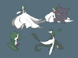 Rule 34 | 1boy, 1girl, apios, bad id, bad pixiv id, bare shoulders, black eyes, blue background, bob cut, closed eyes, closed mouth, colored sclera, colored skin, creatures (company), cropped torso, dress, elbow gloves, flat chest, flat color, from side, game freak, gardevoir, gen 1 pokemon, gen 3 pokemon, gengar, gloves, green hair, green skin, hair over one eye, half-closed eyes, happy, holding hands, legs together, looking at another, looking to the side, mega gardevoir, mega pokemon, multicolored skin, nintendo, outstretched arm, pokemon, pokemon (creature), red eyes, red sclera, short hair, simple background, smile, standing, strapless, strapless dress, sweat, tears, teeth, two-tone skin, upper body, white dress, white gloves, white skin, wide-eyed
