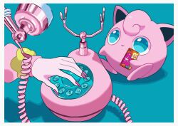 Rule 34 | 1other, antique phone, border, cable, cellphone, closed mouth, commentary, creatures (company), fairy miku (project voltage), game freak, gen 1 pokemon, green eyes, hatsune miku, highres, holding, holding phone, jigglypuff, long sleeves, looking up, nail polish, nintendo, phone, pink nails, pink sweater, pokemon, pokemon (creature), project voltage, saiku (zvlku), scrunchie, sitting, smile, sweater, vocaloid, white border, wrist scrunchie