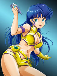Rule 34 | 1girl, aqua eyes, bad id, bad pixiv id, bare shoulders, belt, blue eyes, blue hair, breasts, cleavage, curvy, dirty pair, earrings, gloves, jewelry, large breasts, long hair, midriff, navel, open mouth, retro artstyle, short shorts, shorts, single glove, smile, solo, tamanegiinyo, tongue, weapon, wide hips, yuri (dirty pair)