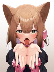 Rule 34 | 1girl, absurdres, animal ear fluff, animal ears, black eyes, blush, brown hair, cupping hands, female focus, gradient background, haiba 09, hair ornament, hair ribbon, highres, long hair, looking at viewer, open mouth, oral invitation, original, own hands together, pink ribbon, ribbon, simple background, solo, tongue, tongue out, upper body