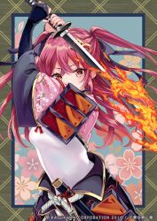Rule 34 | armor, arms up, bow, bridal gauntlets, fire, flaming sword, flaming weapon, floral background, floral print, hair bow, hair ornament, holding, holding weapon, japanese armor, japanese clothes, jouizumi masamune, katana, long hair, pisuke, pyrokinesis, red eyes, red hair, rope, scabbard, serious, sheath, sidelocks, sword, tenka hyakken, twintails, waist cape, weapon, wide sleeves