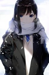 Rule 34 | 1girl, black coat, black hair, blue eyes, blue necktie, blurry, blurry background, breath, buttons, coat, eyes visible through hair, fringe trim, hair between eyes, hands in pockets, highres, long hair, long sleeves, looking at viewer, nakamura takeshi, necktie, original, outdoors, parted lips, scarf, school uniform, shadow, shirt, sidelocks, snow, snowing, solo, upper body, v-neck, vest, white background, white scarf, white shirt, winter, winter clothes