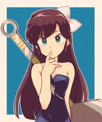 Rule 34 | 1girl, black leotard, blue background, bow, closed mouth, commentary, finger to mouth, green eyes, hair bow, huge weapon, index finger raised, kuonji ukyou, leotard, long hair, looking at viewer, maru handa, outside border, pensive, ranma 1/2, romper, solo, strapless, symbol-only commentary, thinking, upper body, weapon, weapon on back, white bow