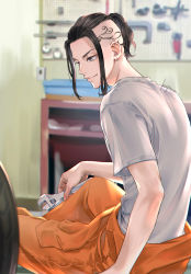 Rule 34 | 1boy, black eyes, black hair, closed mouth, cowboy shot, cst, earrings, grey shirt, highres, holding, holding wrench, indoors, jewelry, jumpsuit, jumpsuit around waist, male focus, orange jumpsuit, ponytail, ryuuguuji ken, shirt, short hair, short sleeves, single earring, sitting, smile, solo, t-shirt, tattoo, tokyo revengers, wrench