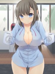Rule 34 | 1girl, asymmetrical bangs, blue shirt, blurry, blush, breasts, brown hair, cleavage, coffee, collarbone, collared shirt, commentary, cowboy shot, cup, depth of field, faucet, highres, holding, holding cup, indoors, large breasts, long hair, looking at viewer, morning, mug, naked shirt, original, papino, purple ribbon, ribbon, shirt, sliding doors, smile, solo, steam, thighs, unbuttoned, unbuttoned shirt, untied, wooden floor