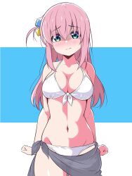 Rule 34 | 1girl, arms at sides, bare arms, bikini, blue eyes, blush, bocchi the rock!, borgbutler, breasts, cleavage, clenched hands, closed mouth, collarbone, cube hair ornament, embarrassed, gotoh hitori, grey sarong, hair ornament, highres, large breasts, long hair, looking at viewer, navel, pink hair, sarong, shaded face, simple background, sweat, swimsuit, thigh gap, white background, white bikini