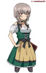 Rule 34 | 10s, 1girl, angry, artist name, black bow, black choker, black pantyhose, bow, braid, choker, closed mouth, commentary, cowboy shot, cropped legs, dirndl, dress, frown, german clothes, girls und panzer, glaring, hair bow, hair over shoulder, half-closed eyes, hand on own hip, holding, itsumi erika, kayabakoro, long hair, looking at viewer, medium dress, menu, one-hour drawing challenge, pantyhose, short sleeves, simple background, solo, standing, twin braids, twitter username, white background