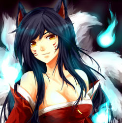 Rule 34 | 1girl, ahri (league of legends), animal ears, bare shoulders, black hair, breasts, cleavage, collarbone, detached sleeves, facial mark, female focus, fox ears, fox tail, hitodama, korean clothes, large breasts, league of legends, light smile, long hair, looking at viewer, multiple tails, parted lips, solo, tail, upper body, urusai-baka, whisker markings, yellow eyes