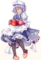 Rule 34 | 1girl, bad id, bad pixiv id, black pantyhose, blush, closed eyes, female focus, hat, highres, kokka han, letty whiterock, oven mitts, pantyhose, pot, purple hair, simple background, slippers, smile, solo, steam, touhou, white background