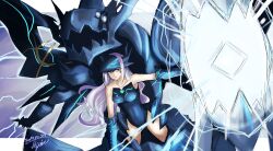 Rule 34 | 1girl, black gloves, black leotard, breasts, closed mouth, dated, gloves, glowing, herald (xenoblade), highres, hisin, leotard, long hair, looking at viewer, medium breasts, purple eyes, purple hair, signature, solo, strapless, strapless leotard, wavy hair, xenoblade chronicles (series), xenoblade chronicles 2