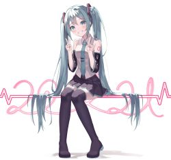 Rule 34 | 1girl, 2021, aqua eyes, aqua hair, aqua necktie, bare shoulders, black skirt, black sleeves, black thighhighs, boots, commentary, detached sleeves, full body, grin, hair ornament, hands up, hatsune miku, highres, index finger raised, long hair, looking at viewer, luxiel, miniskirt, necktie, pleated skirt, shadow, shirt, shoulder tattoo, sitting, skirt, sleeveless, sleeveless shirt, smile, solo, tattoo, thigh boots, thighhighs, twintails, v, very long hair, vocaloid, white background, white shirt, zettai ryouiki