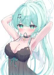 Rule 34 | 1girl, armpits, black dress, breasts, cleavage, collarbone, cross, dress, green eyes, green hair, green halo, hair ornament, halo, highres, long hair, looking at viewer, medium breasts, mikaze oto, mouth hold, original, simple background, sleeveless, sleeveless dress, solo, sweat, sweatdrop, white background