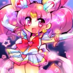 Rule 34 | 1990s (style), 1girl, :d, bad id, bad pixiv id, bishoujo senshi sailor moon, bow, brooch, chibi usa, cone hair bun, double bun, elbow gloves, gloves, hair bun, hair ornament, hairpin, heart, heart brooch, jewelry, magical girl, multicolored clothes, multicolored skirt, nomeshi, open mouth, outstretched arms, pink eyes, pink hair, purple background, retro artstyle, ribbon, sailor chibi moon, sailor collar, short hair, skirt, smile, solo, spread arms, star (symbol), super sailor chibi moon, tiara, twintails, white gloves