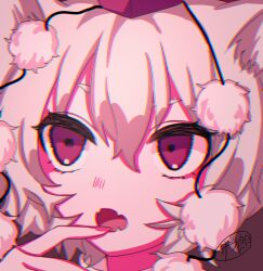 Rule 34 | 1girl, animal ear fluff, animal ears, chromatic aberration, close-up, fang, finger to mouth, grey hair, hair between eyes, hat, inubashiri momiji, limited palette, one-hour drawing challenge, pom pom (clothes), red hat, skin fang, solo, tokin hat, touhou, wolf ears, zabu rou