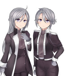 Rule 34 | 1boy, 1girl, braid, brother and sister, commentary request, french braid, gloves, grey eyes, hair between eyes, hair bun, hand on own hip, hand on own chest, highres, jacket, long hair, looking at viewer, miniskirt, neit ni sei, original, pants, pantyhose, shirt, siblings, silver hair, single hair bun, skirt, twins