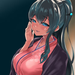 Rule 34 | 1girl, black hair, black jacket, blue eyes, blush, breasts, from side, hair behind ear, hair between eyes, hair ornament, hairclip, haori, highres, jacket, japanese clothes, kimono, large breasts, looking at viewer, mole, mole on neck, nijisanji, onomachi haruka, open hand, open mouth, pink kimono, ponytail, portrait, sanagara001, smile, solo, virtual youtuber