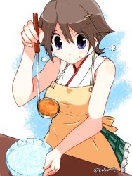 Rule 34 | 1girl, apron, blue eyes, bowl, brown hair, commentary request, cowboy shot, flipped hair, green skirt, hairband, hiei (kancolle), kanoe soushi, kantai collection, ladle, one-hour drawing challenge, orange apron, plaid, short hair, skirt, sleeveless, smile, solo, tongue, tongue out, twitter username