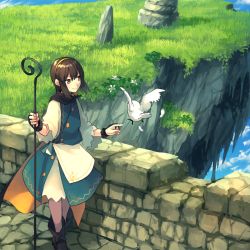 Rule 34 | bird, black footwear, boots, chorefuji, cloak, cloud, day, feathers, grass, hairband, holding, original, pointing, rock, sky, smile, solo, standing, stone floor, stone wall, wall, white bird, yellow hairband