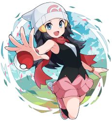 Rule 34 | 1girl, beanie, black hair, black vest, blue eyes, blue hair, breasts, commentary, creatures (company), dawn (pokemon), full body, game freak, hat, highres, long hair, nintendo, open mouth, outstretched arm, pink skirt, poke ball, poke ball (basic), pokemon, pokemon dppt, red scarf, scarf, shirt, skirt, solo, vest, white shirt, yokoyoko (nazonazo)