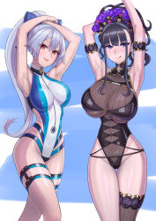 Rule 34 | 2girls, armlet, armpits, arms behind head, arms up, bare shoulders, black gloves, black one-piece swimsuit, blue bow, blue one-piece swimsuit, blush, bow, breasts, competition swimsuit, covered navel, fate/grand order, fate (series), fingerless gloves, flower, gloves, gold trim, hair between eyes, hair bow, hair flower, hair ornament, hair up, half gloves, highleg, highleg swimsuit, highres, large breasts, long hair, looking at viewer, multiple girls, murasaki shikibu (fate), murasaki shikibu (swimsuit rider) (fate), one-piece swimsuit, open mouth, ponytail, purple eyes, purple hair, red eyes, shichitsufuji, silver hair, smile, swimsuit, thigh strap, thighs, tomoe gozen (fate), tomoe gozen (swimsuit saber) (fate), two-tone swimsuit, white one-piece swimsuit