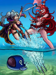 Rule 34 | 2girls, bikini, blush, breasts, cape, cordelia (fire emblem), fire emblem, fire emblem awakening, fire emblem heroes, fish, gloves, hair ornament, highres, long hair, looking at viewer, multiple girls, navel, nintendo, ocean, polearm, red eyes, red hair, robe, robin (female) (fire emblem), robin (fire emblem), shell, small breasts, smile, spear, star (symbol), swimsuit, twintails, very long hair, water, weapon, white hair, winged hair ornament