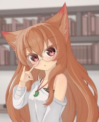 Rule 34 | 1girl, animal ears, bandaged arm, bandages, black tank top, blurry, blurry background, bookshelf, breasts, brown hair, fox ears, fox girl, fox shadow puppet, highres, jewelry, long hair, looking at viewer, magatama, magatama necklace, necklace, nikaon, off-shoulder sweater, off shoulder, open mouth, original, red eyes, round eyewear, small breasts, sweater, tank top, upper body