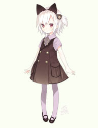Rule 34 | 1girl, :&lt;, animal ears, black dress, black footwear, buttons, capriccio, cat ears, commentary request, dress, fake animal ears, full body, hair ornament, kaburi chiko, looking at viewer, mary janes, one side up, original, outstretched arms, pantyhose, paw hair ornament, pigeon-toed, pocket, red eyes, ribbon, shirt, shoes, short hair, short sleeves, simple background, sleeveless, sleeveless dress, solo, standing, undershirt, white background, white hair, white pantyhose, white shirt