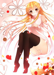 Rule 34 | 10s, 1girl, bare shoulders, black thighhighs, blonde hair, brown eyes, cup, detached sleeves, floating hair, floral background, full body, golden time, heart, highres, kaga kouko, legs together, long hair, looking at viewer, netarou, sitting, smile, solo, sweater, teacup, thighhighs, thighs, very long hair
