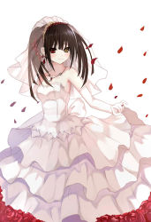 Rule 34 | 10s, 1girl, bad id, bad pixiv id, bai kongque, bare shoulders, black hair, blush, breasts, cleavage, clock eyes, date a live, dress, elbow gloves, gloves, hair over one eye, heterochromia, jewelry, light smile, long hair, looking at viewer, necklace, petals, red eyes, rose petals, simple background, smile, solo, standing, symbol-shaped pupils, tokisaki kurumi, twintails, wedding dress, white background, white gloves, yellow eyes