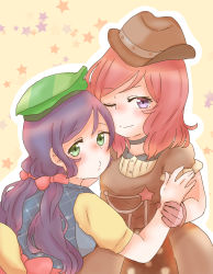 Rule 34 | 2girls, blush, eclaircat, gloves, green eyes, hat, highres, holding another&#039;s arm, looking at viewer, love live!, love live! school idol festival, love live! school idol project, low twintails, multiple girls, nishikino maki, one eye closed, purple eyes, purple hair, red hair, short hair, smile, star (symbol), starry background, tojo nozomi, twintails