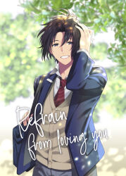Rule 34 | 1boy, arm up, blazer, blue jacket, brown hair, brown vest, comiket 96, day, english text, jacket, long sleeves, looking at viewer, male focus, necktie, outdoors, red necktie, ryuseikei (rsk3110), school uniform, solo, standing, vest