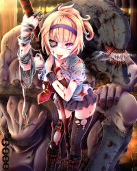 Rule 34 | 1girl, amatelas, bandages, blonde hair, blood, boots, breasts, combat s-ko, cuffs, eyepatch, hairband, highres, jewelry, knee boots, large breasts, monster, necktie, original, piercing, pink eyes, ring, shackles, sheath, skirt, solo, sword, teeth, thighhighs, tongue piercing, torn clothes, weapon, zettai ryouiki