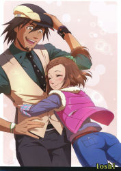Rule 34 | 10s, 1boy, 1girl, ^ ^, age difference, ass, blush, bracelet, braid, braided bangs, brown eyes, brown hair, closed eyes, closed eyes, facial hair, father and daughter, hair ornament, hairclip, highres, hug, jewelry, kaburagi kaede, kaburagi t. kotetsu, necktie, non-web source, one side up, short hair, side ponytail, signature, stubble, tiger &amp; bunny, toshi, vest, waistcoat, watch, wristwatch