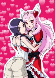Rule 34 | 00s, 2girls, ass, bow, brown eyes, choker, cure passion, dual persona, eyelashes, fresh precure!, hair ornament, heart, heart hair ornament, higashi setsuna, hug, magical girl, multiple girls, pantyhose, pink background, pink eyes, pink hair, precure, purple hair, shorts, waist bow, white choker