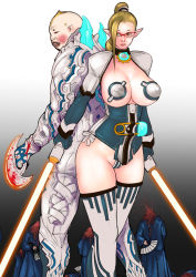 Rule 34 | 1boy, 1girl, armor, back-to-back, bad id, bad pixiv id, blonde hair, breastless clothes, breasts, decapitation, dual wielding, energy sword, folding fan, glasses, gloves, gradient background, hand fan, holding, kusagami style, large breasts, lightsaber, long hair, majin kewpie, original, pasties, pointy ears, ponytail, safety pin, short hair, simple background, sword, thick thighs, thighhighs, thighs, weapon